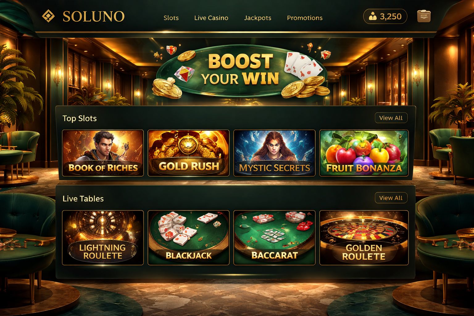 Vista de la plataforma de casino en línea SOLUNO con juegos destacados