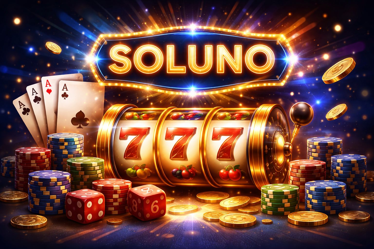 Una vibrante escena digital de casino con la palabra SOLUNO brillando sobre cartas, dados, fichas y carretes de tragamonedas.