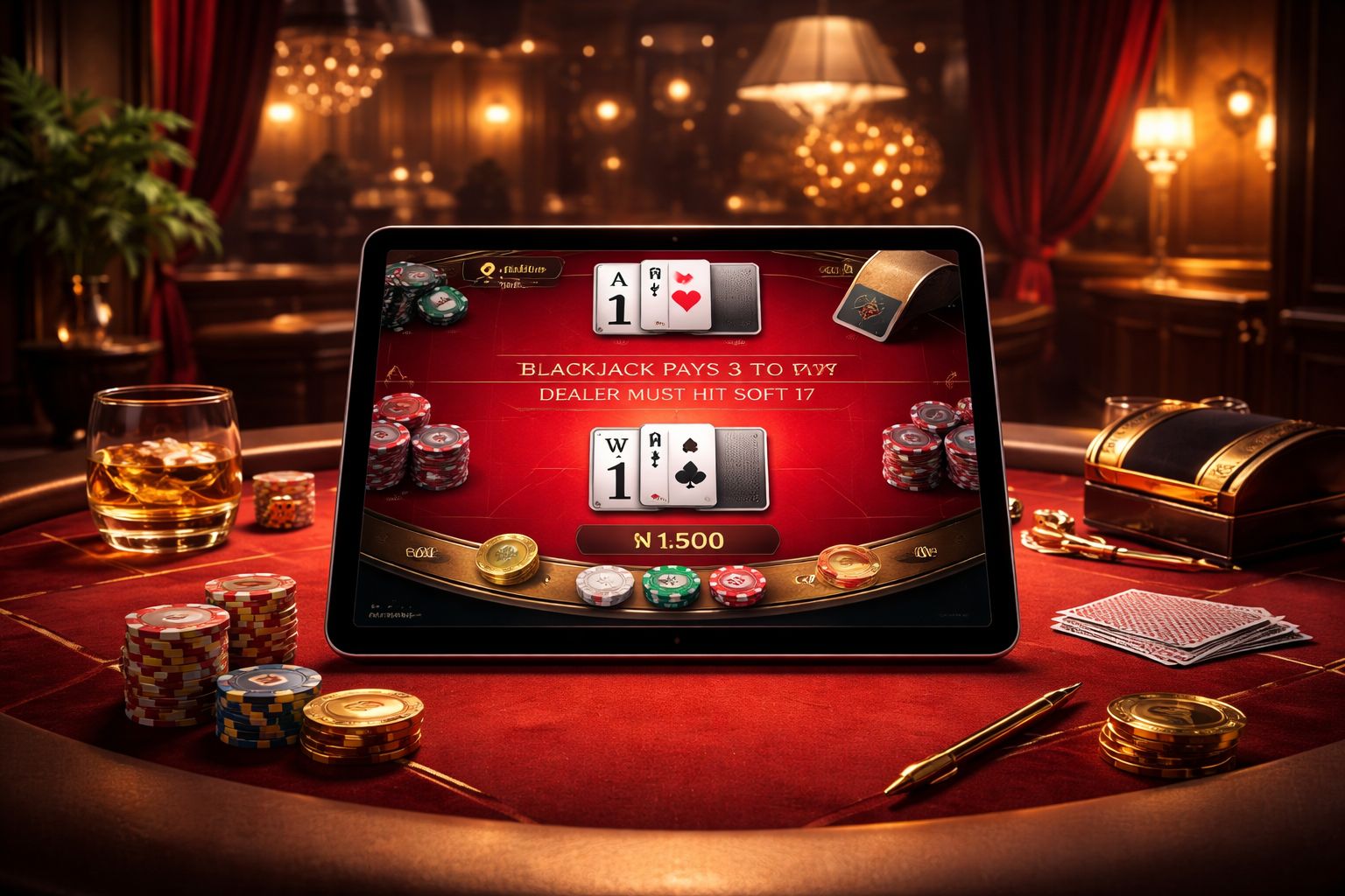 Una configuración moderna de casino en vivo con una tableta mostrando blackjack, luces brillantes de estudio y detalles elegantes de juego.
