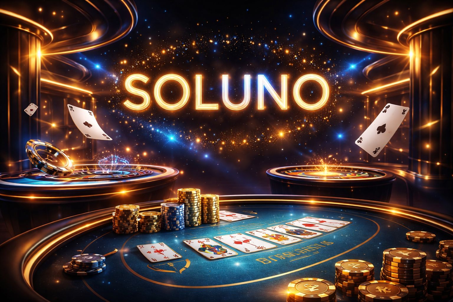Un vibrante ambiente digital de casino con señalización SOLUNO, pantallas de juegos brillantes, monedas, cartas y una atmósfera premium de juegos.