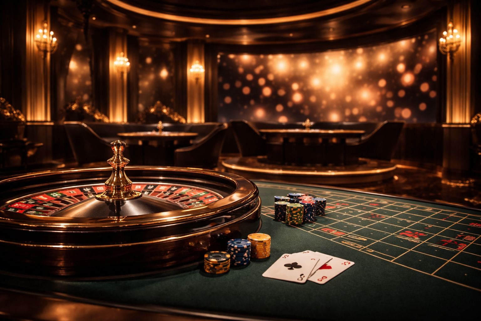 Una escena refinada de estudio de casino en vivo con cartas, iluminación de rueda de ruleta y una interfaz digital pulida inspirada en SOLUNO.