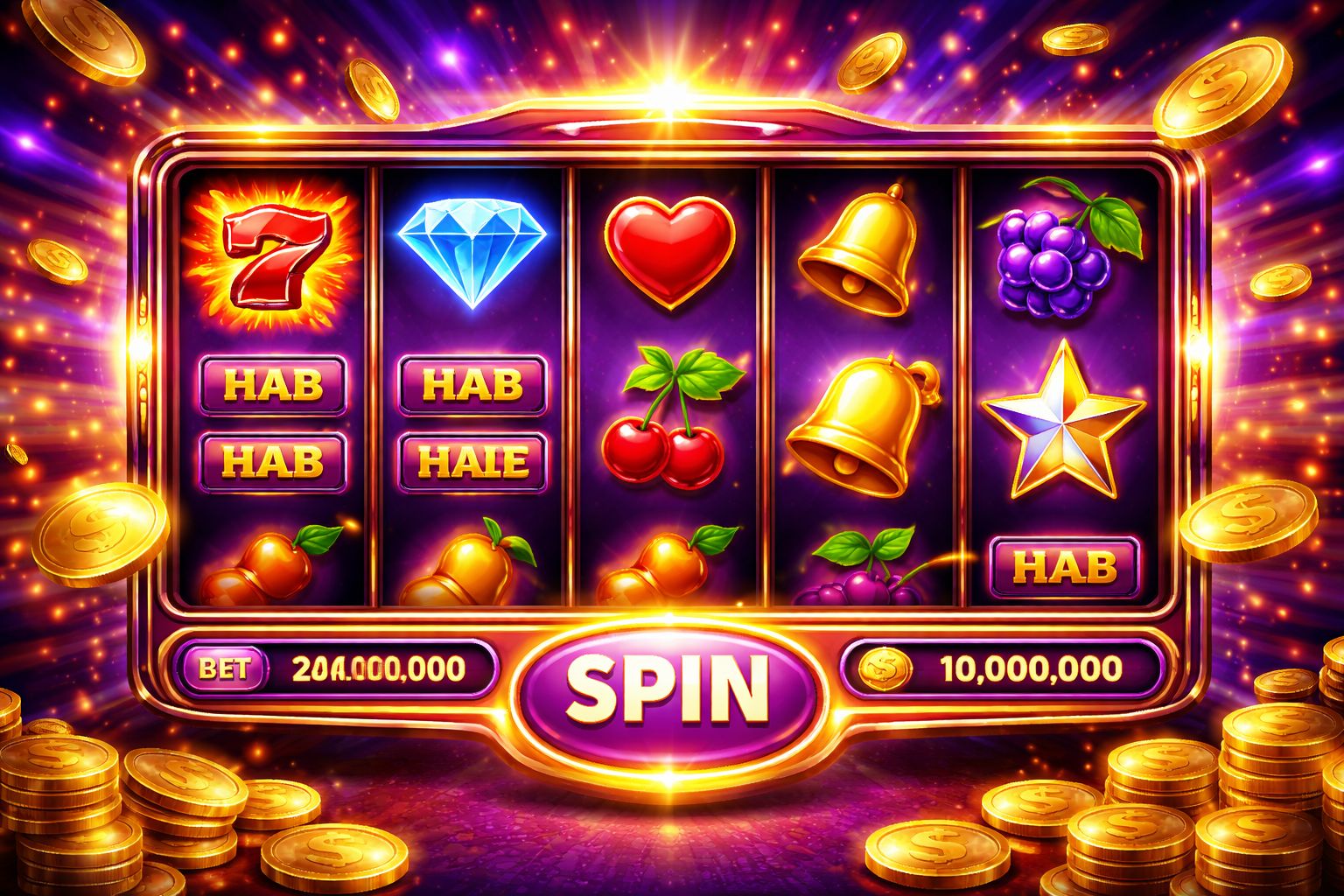Una interfaz premium de tragamonedas con carretes vivos, símbolos brillantes y una atmósfera de casino celebratoria en la plataforma SOLUNO.
